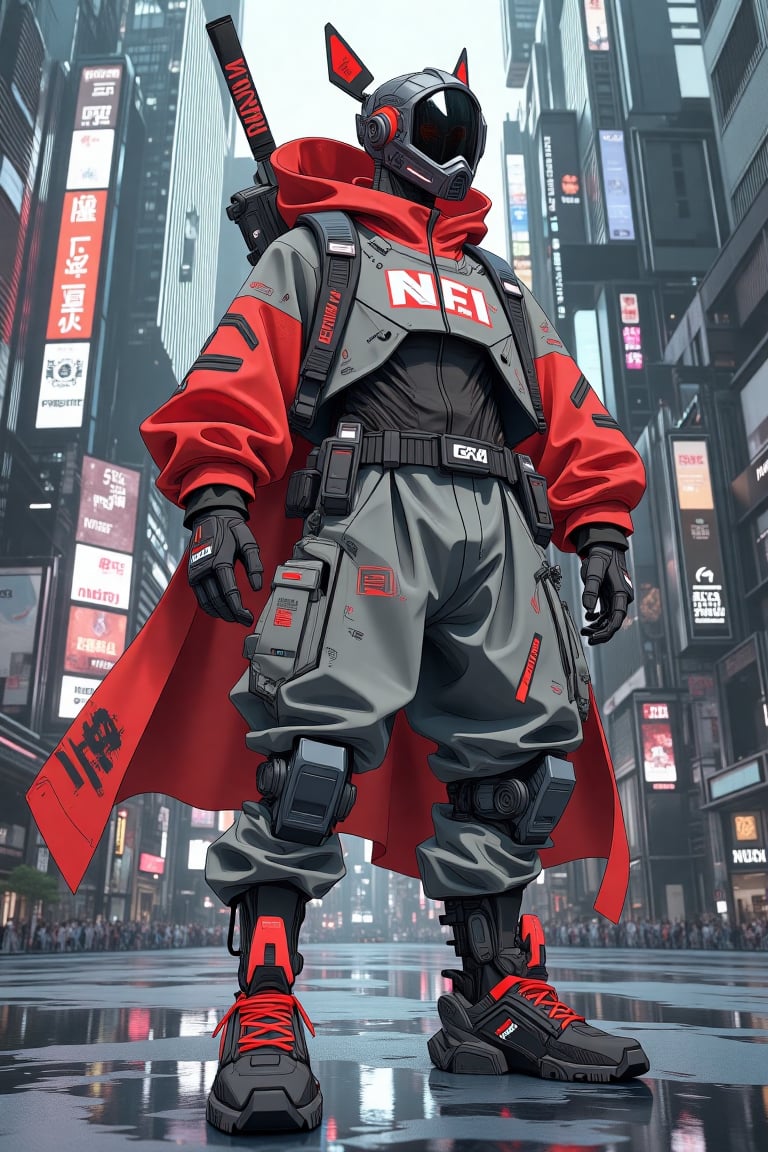 Perspective view angle with anamorphic lens. Comic art character blended with realistic background. Anime Character of cyberpunk samurai mecha Cyberpunk in dynamic action style, wearing grey red cyber  mecha armour,standing in heroic style with realistic Film style , neon citypunk background.,Niji_JENGLORD_FLUX_LORA_Cry Engine,TECHWEAR OUTFIT