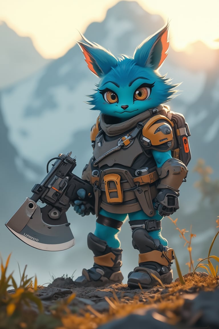 a cube fluppy, cute blue fur creature  TenTen stands confidently with a bold stance, gripping an axe-gun in one hand and icew cream in the other. wearing cute armored suit. The framing of the shot showcases her strong profile, with the weapon-wielding arms outstretched to either side. A warm golden light illuminates her determined expression, casting long shadows across the rugged terrain. In the background, misty mountains rise like giants, underscoring TenTen's fierce determination as she readies herself for battle.