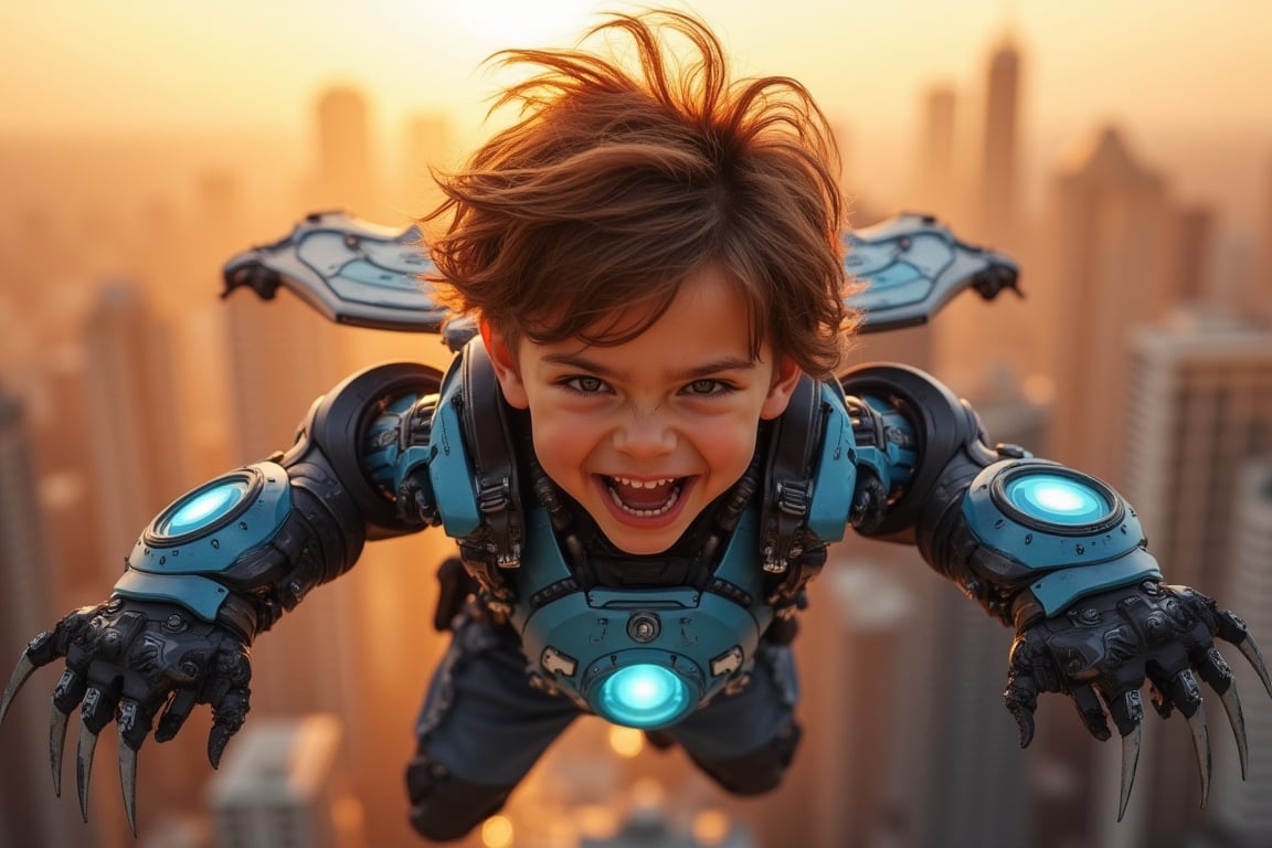 A young boy with a determined expression grips his mechanical arm, adorned with glowing blue plates and sharp claws. He soars through the sky, his mechanical wings beating fiercely as he flies above a cityscape at sunset, the orange-hued buildings and towering skyscrapers blurred in the background. The wind ruffles his messy brown hair as he whoops with joy, his eyes shining with excitement.