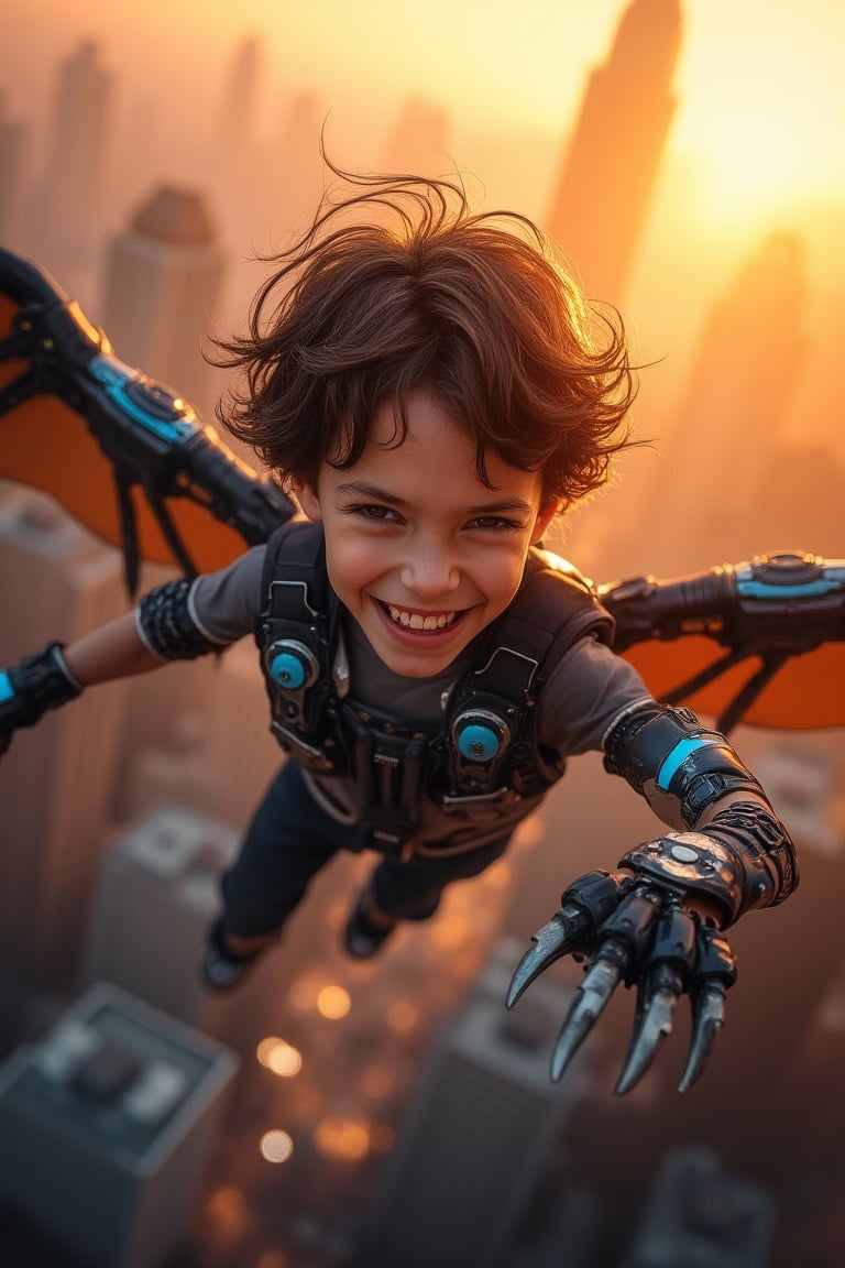 A young boy with a determined expression grips his mechanical arm, adorned with glowing blue plates and sharp claws. He soars through the sky, his mechanical wings beating fiercely as he flies above a cityscape at sunset, the orange-hued buildings and towering skyscrapers blurred in the background. The wind ruffles his messy brown hair as he whoops with joy, his eyes shining with excitement.