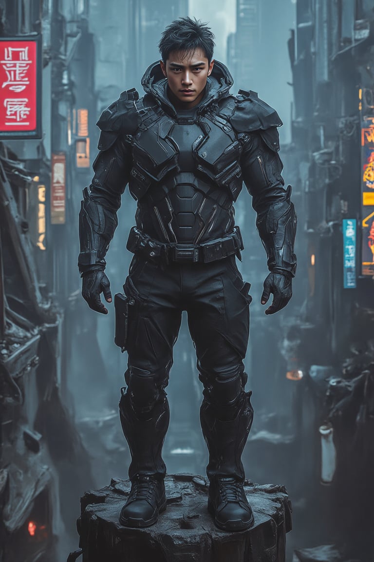 In a dystopian cyber-neon metropolis wear aerodynamic mecha armour suit,  a lone warrior stands atop a ruined skyscraper....