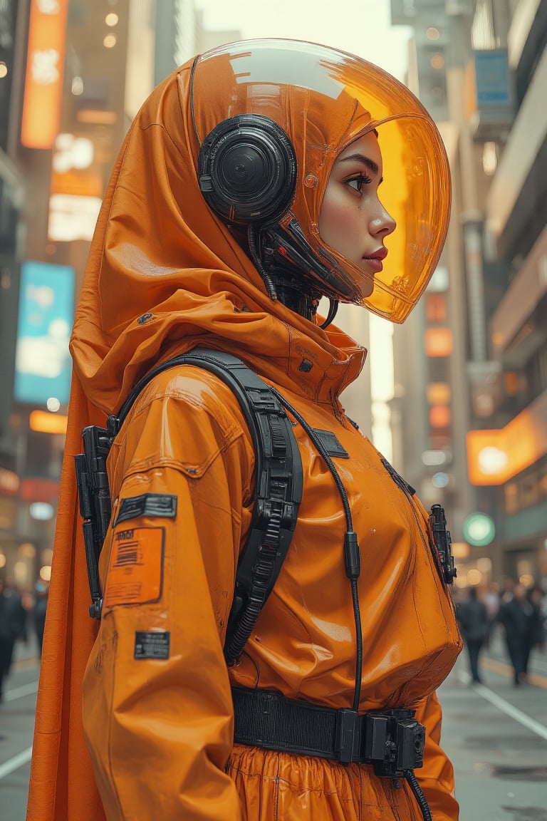 Comic art style. A full-body shot of an anime character in streetwear, with a realistic cyberpunk city background, a detailed illustration in the style of Atey Ghailan and Mary Blair, featuring vibrant colors, clean lines, and sharp details of A cyber spacepunk hijabis girl wear orange transparent glass helmet armour suit Orenz style, with long hijab and pashmina. she wear mecha armour , featuring black wires and tubes on its body, in profile view. the cyberpunk in dynamic action pose style.The style is futuristic sci-fi art with elements of dark gray and light bronze, showcasing hyper-realistic details. It has an illustrative quality to it with an emphasis on the character's head being transparent. This design incorporates elements from retro-futurism and neo-porcelain style. n dynamic modeling pose, cinematic style, high resolution, high detail, high quality, high contrast, professional photography, professional lighting, precise details, solid color background, masterpiece, best quality, highres, perfect artwork, best design award winner. hipster style,citypunk