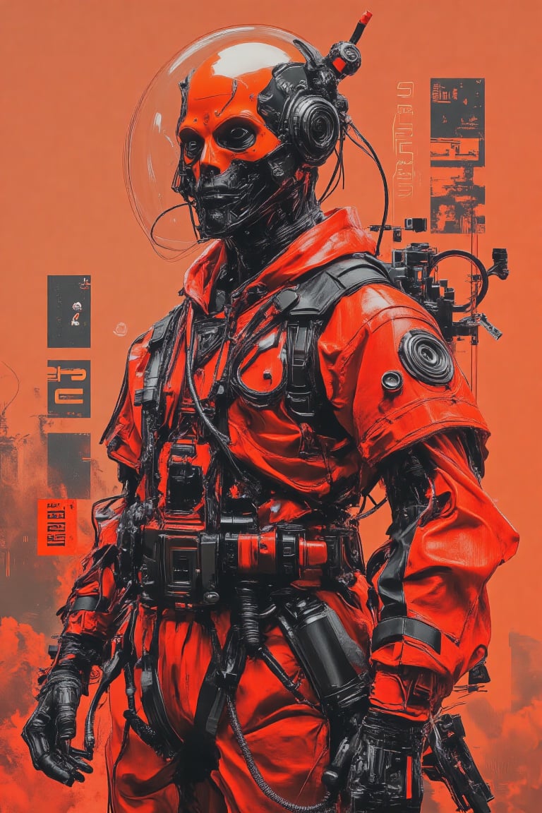 The poster of A red samurai cyber punk wear orange transparent helmet skull armour suit Orenz style, wearing red samurai armour, featuring black wires and tubes on its body, in profile view. the cyberpunk ran through with motion action pose. The style is futuristic sci-fi art with elements of dark gray and light bronze, showcasing hyper-realistic details. It has an illustrative quality to it with an emphasis on the character's head being transparent. This design incorporates elements from retro-futurism and neo-porcelain style. n dynamic modeling pose, cinematic style, high resolution, high detail, high quality, high contrast, professional photography, professional lighting, precise details, solid color background, masterpiece, best quality, highres, perfect artwork, best design award winner. hipster style