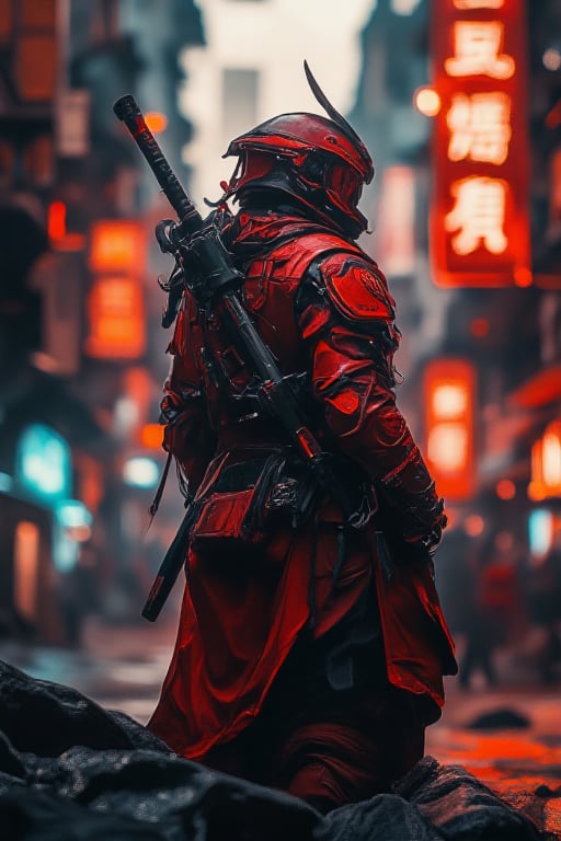 A crimson-clad samurai dons mechanized armor, its red hue intensified by cinematic lighting that casts a heroic glow. In a dramatic film epic scene, the warrior's pose exudes determination as they stand amidst a futuristic cityscape at dusk, with towering skyscrapers and neon lights reflecting off their armored form in a hyper-realistic 3D Octane render, showcasing ultra-detailed textures and HD 16k resolution.