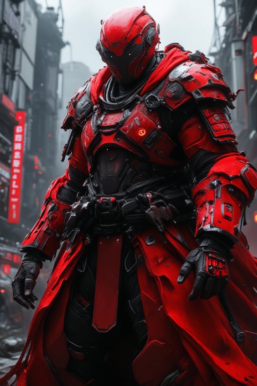 A crimson-clad samurai dons mechanized armor, its red hue intensified by cinematic lighting that casts a heroic glow. In a dramatic film epic scene, the warrior's pose exudes determination as they stand amidst a futuristic cityscape at dusk, with towering skyscrapers and neon lights reflecting off their armored form in a hyper-realistic 3D Octane render, showcasing ultra-detailed textures and HD 16k resolution.