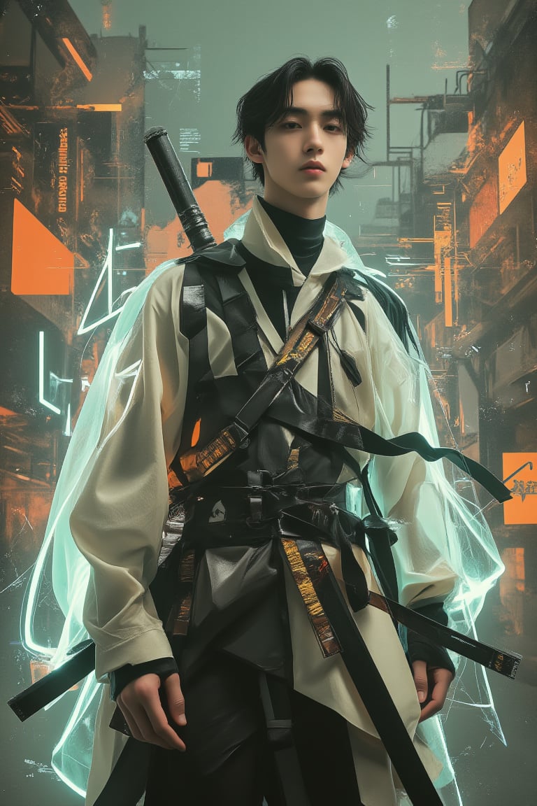 create poster 3d anime background design, MODERN art, hipster, 3d ilussion , hologram, graphic digital, grey,  green,white, ORANGE GOLD and black variant colors, free style, one perfect young hipster man Fluxboys posing with darkgrey cyberpunk samurai neon outfit  at the center with style.