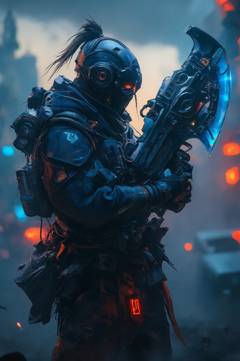 A futuristic warrior stands against a neon-lit cityscape at dusk, dressed in worn leather and metallic armor. The cyber spacepunk samurai confidently holds their futuristic cyber axe-gun, adorned with glowing blue circuits and sharp metal fins, at a 45-degree angle as if ready to strike. A haze of smoke and mist swirls around them, adding an air of mystery and danger.