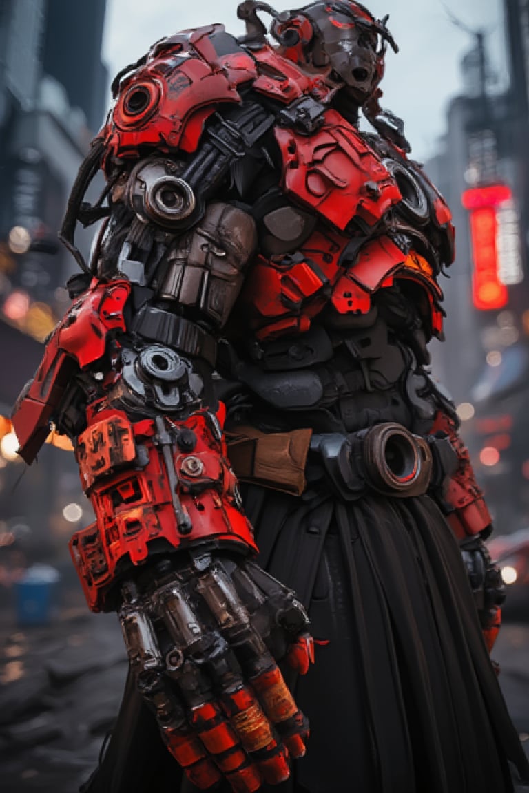 A dramatic close-up shot of the Red Samurai stands tall in a futuristic cityscape at dusk, with neon lights reflecting off their armored suit and flame hand mecha. The camera focuses on the mecha hand, its metallic surface glistening under the fading sunlight. Depth of field blurs the background, emphasizing the Samurai's powerful stance and intense gaze.