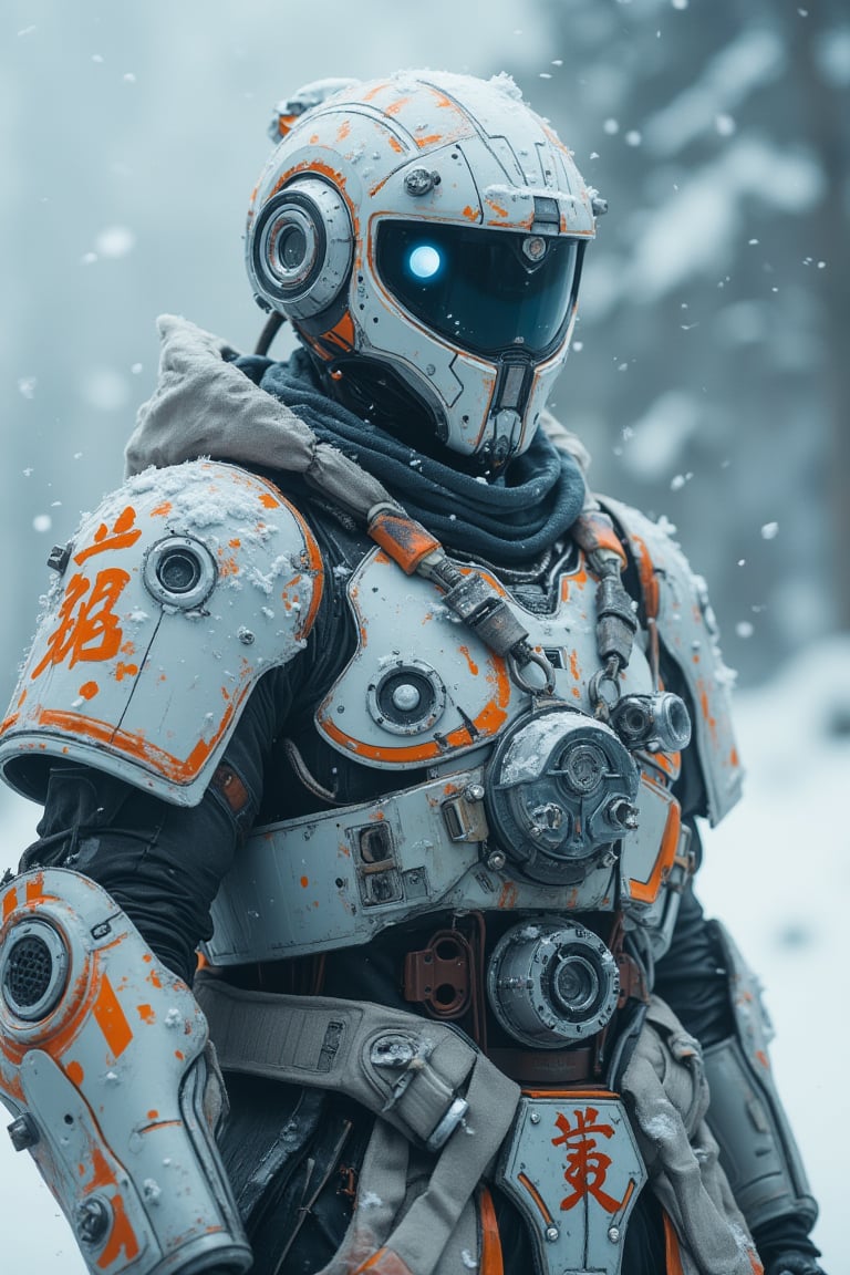 A photo of a futuristic rred samurai entity in a snowy environment. The robot has a predominantly white and gray color scheme with intricate details, such as orange accents and various mechanical components. Its visor is reminiscent of a mask, with two prominent blue eyes. The robot is equipped with multiple gadgets and tools, including what appears to be a communication device on its chest and a mechanical arm on its side. Snowflakes are seen adhering to its surface, suggesting it has been in this environment for some time.