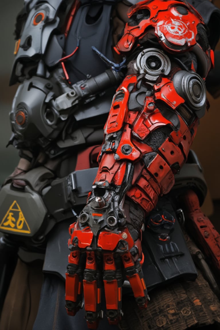 the red samurai wear mecha hand and armored suit. full photo, hd, hyper realistic without noise. depth of field