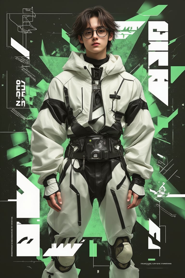 create poster 3d anime background design, graphic art, hipster, 3d ilussion , hologram, graphic digital, grey,  green,white and black variant colors, free style, one young hipster man Fluxboys posing with glossy grey black mecha outfit  at the center with style.