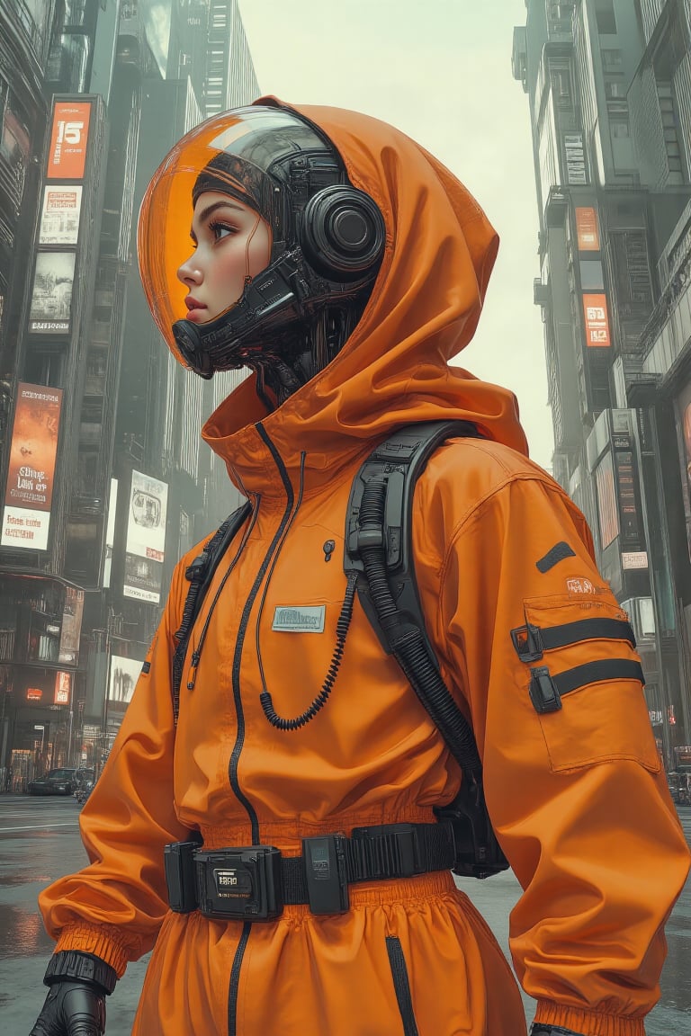 Comic art style. A full-body shot of an anime character in streetwear, with a realistic cyberpunk city background, a detailed illustration in the style of Atey Ghailan and Mary Blair, featuring vibrant colors, clean lines, and sharp details of A cyber spacepunk hijabis girl wear orange transparent glass helmet armour suit Orenz style, with long hijab and pashmina. she wear mecha armour , featuring black wires and tubes on its body, in profile view. the cyberpunk in dynamic action pose style. Hipster style character. The style is futuristic sci-fi art with elements of dark gray and light bronze, showcasing hyper-realistic details. It has an illustrative quality to it with an emphasis on the character's head being transparent. This design incorporates elements from retro-futurism and neo-porcelain style. n dynamic modeling pose, cinematic style, high resolution, high detail, high quality, high contrast, professional photography, professional lighting, precise details, solid color background, masterpiece, best quality, highres, perfect artwork, best design award winner. hipster style,citypunk