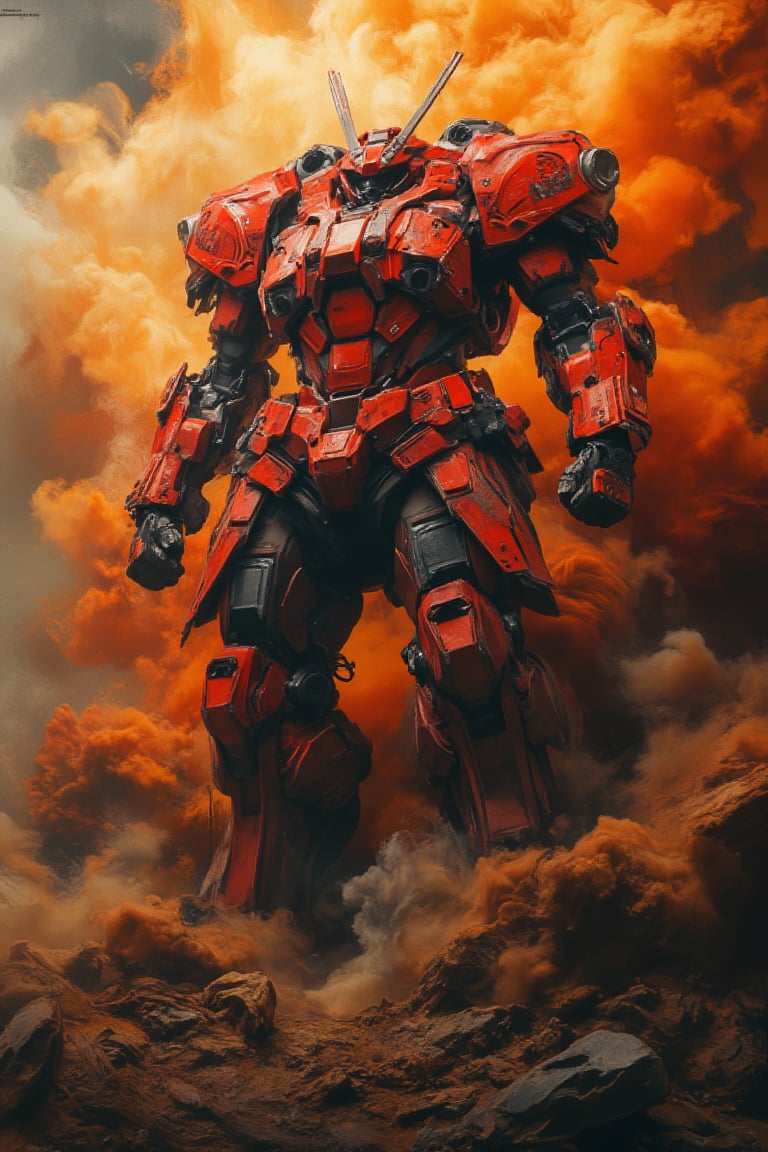 A majestic cybermecha, clad in a fiery red samurai armor, emerges triumphantly from a swirling vortex of earthy tones and orange hues. The mechanical behemoth's pose is one of calculated confidence, its gaze piercing the atmosphere as it rises from the churning vortex like a divine avatar. Shadows dance across its armored form, while the whirling dirt and debris surrounding it seem to reverberate with an otherworldly energy.