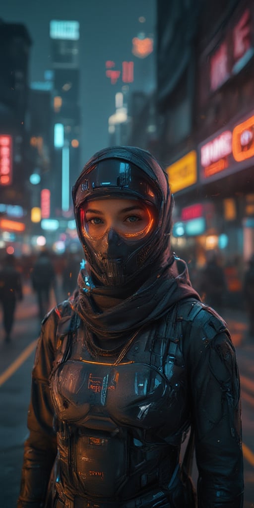 Image: A female bust shot wearing cybernetic loose mecha armour suits, headgear, cyber goggles with cybershawl and long hijab, hidden behind a gas mask, with a mechanical arm surrounded by high-tech machinery and advanced technology in a dystopian cyberpunk world. The setting includes towering skyscrapers, neon-lit alleyways, and a polluted cityscape. The woman has a holographic display with an augmented reality overlay, showcasing her role as a secret worker in a vast cyberpunk metropolis.

Descriptive keywords: Cybernetic, futuristic, dark, gritty, technological, dystopian.

Photographic style: Cinematic and high-resolution with sharp focus and dramatic lighting to emphasize the cyberpunk theme.

Tone: Serious, mysterious, and intense.

Object: Female cyber worker.

Action: Standing in a dynamic action pose, looking towards the viewer with determination and purpose.