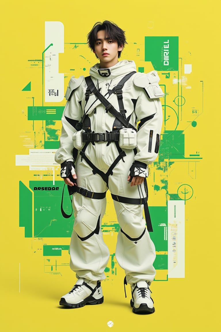 create poster 3d anime background design, graphiti art, hipster, 3d ilussion , hologram, graphic digital, yellow+green+white variant colors, free style, one young hipster man Fluxboys posing with white cyberpunk armored suit outfit at the center with style.