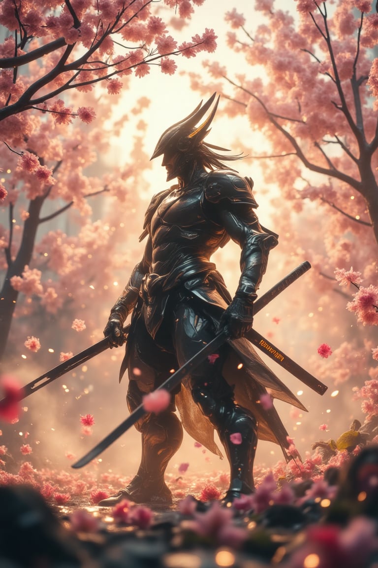 Photography image, film epic scene .A cyberpunk black mecha samurai stands triumphantly amidst a haze of cherry blossom petals, standing in dynamic action pose. Framed from a low angle, the camera captures his powerful stance, emphasizing his imposing figure against the serene landscape. The warm glow of sunlight casts long shadows behind him, as petals swirl in a gentle dance around his mighty form.,Film style,Aura