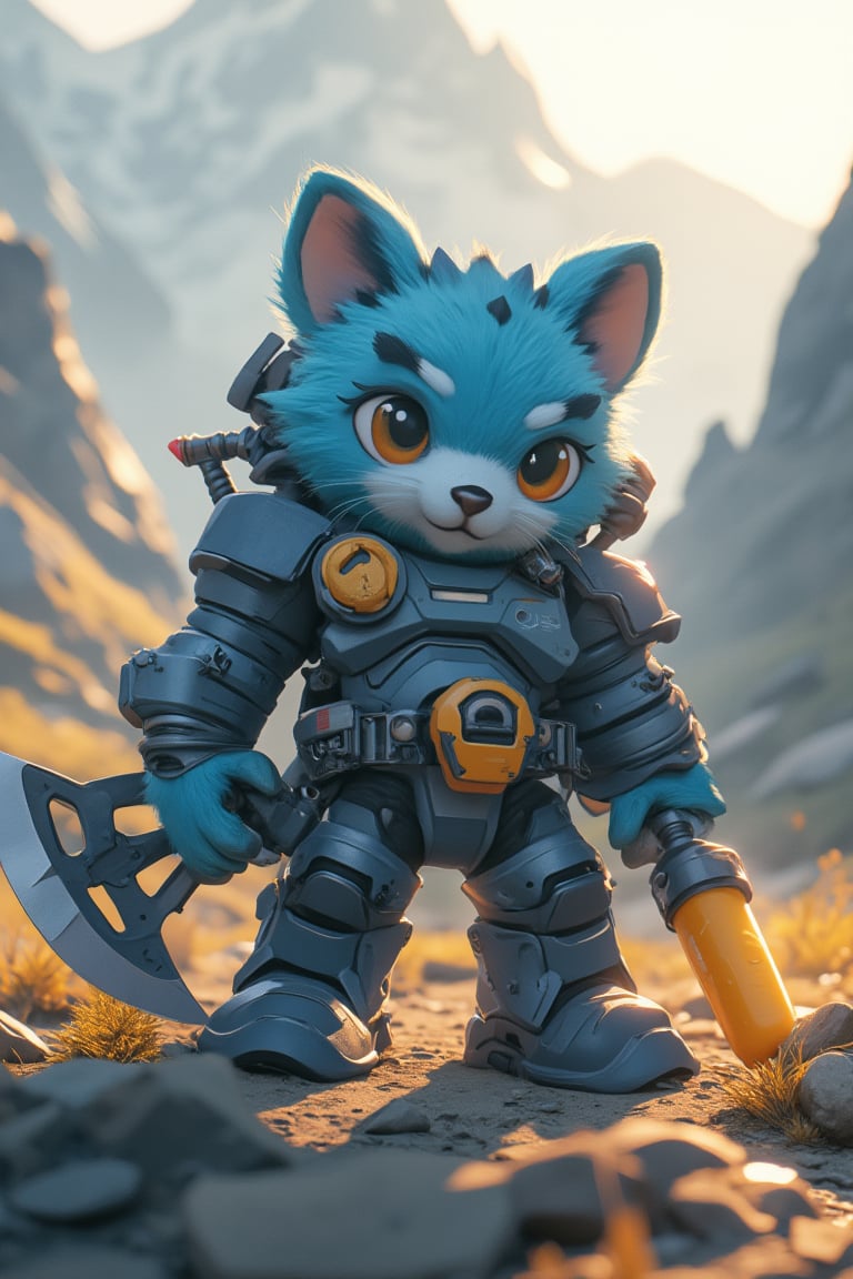 a cube fluppy, cute blue fur creature  TenTen stands confidently with a bold stance, gripping an axe-gun in one hand and icew cream in the other. wearing cute armored suit. The framing of the shot showcases her strong profile, with the weapon-wielding arms outstretched to either side. A warm golden light illuminates her determined expression, casting long shadows across the rugged terrain. In the background, misty mountains rise like giants, underscoring TenTen's fierce determination as she readies herself for battle.