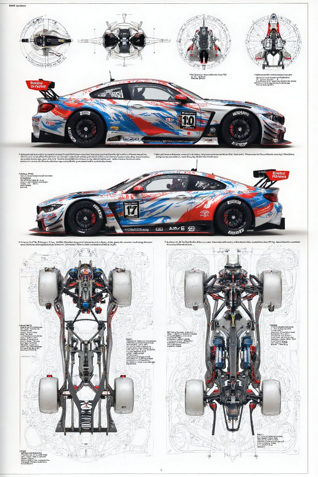 This image presents a detailed rendering and technical blueprint of a high-performance racing car, the BMW M4 GT3. The car's striking exterior design is highlighted, featuring a bold color scheme of white, blue, and red, with prominent racing livery and aerodynamic elements.

The various views and technical diagrams provide a comprehensive look at the car's intricate engineering, showcasing its intricate chassis structure, suspension components, and other intricate details. The level of precision and technical drafting in the renderings demonstrates the sophistication and complexity involved in the design and development of this cutting-edge race car.

While I cannot directly reproduce the copyrighted material, this image effectively captures the fusion of cutting-edge automotive technology, performance-oriented design, and artistic expression. The level of detail and technical expertise reflected in this illustration make it a visually compelling and informative representation of a high-performance racing machine.