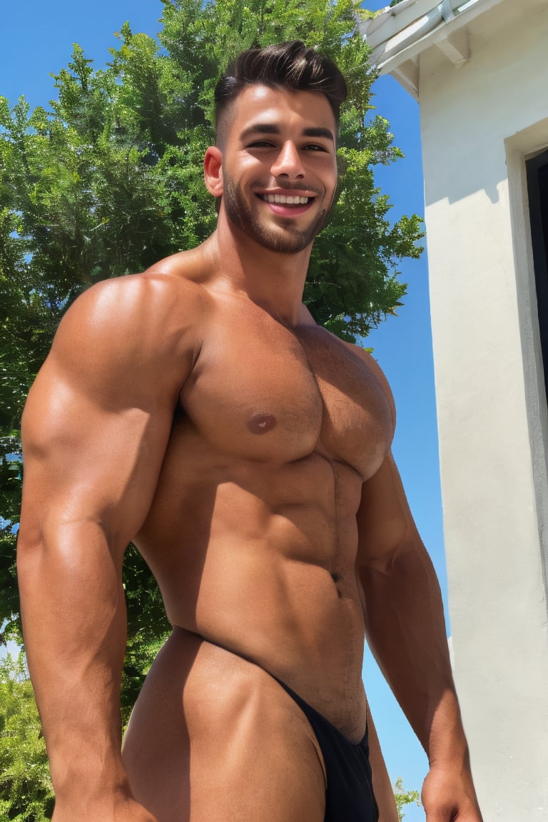 sporty male bodybuilder real photo beautiful muscle real hair ((real male)) real skin handsome face small head The photo r...