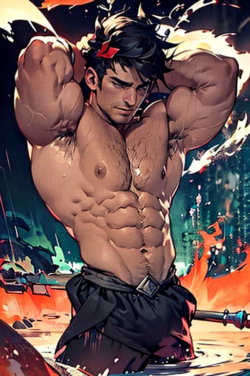 Zagreus with big muscular chest, arms and shoulders