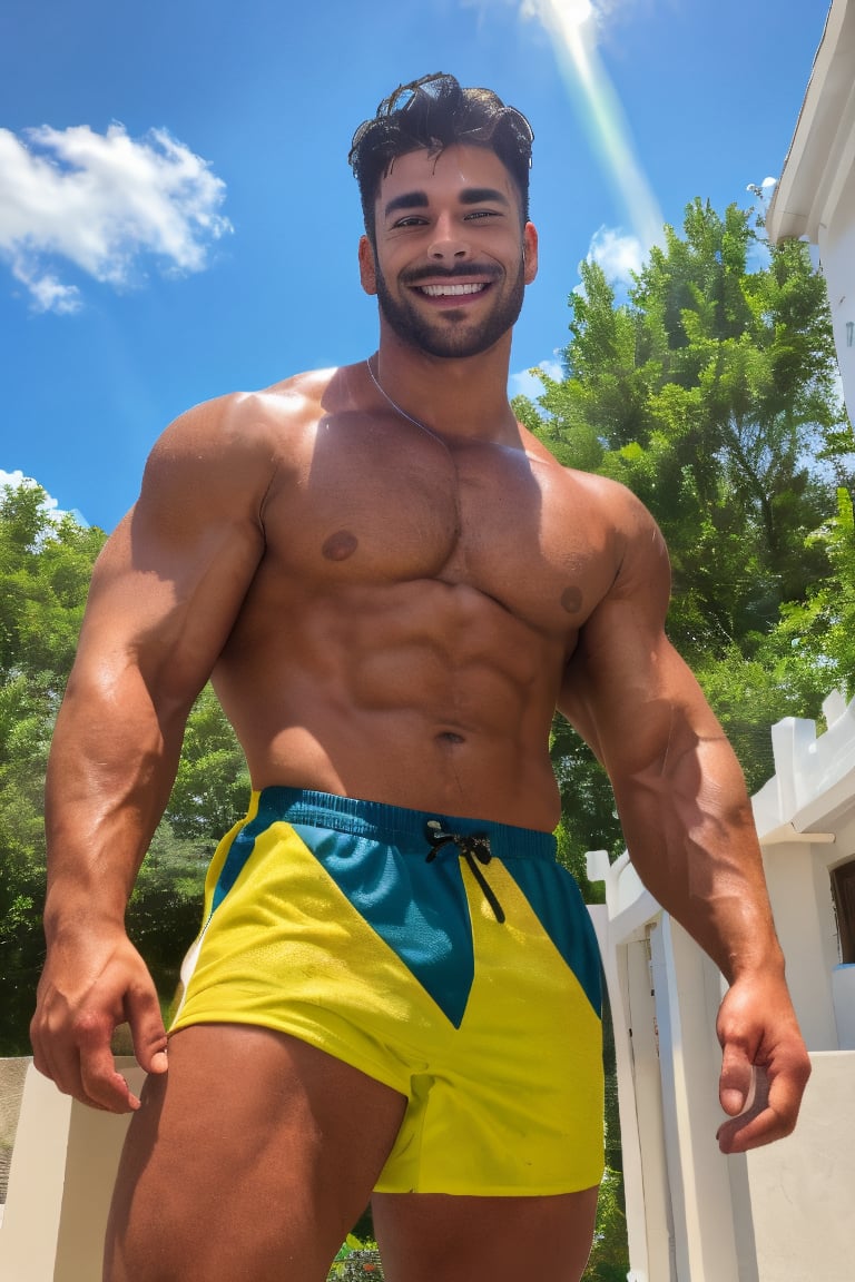 sporty male bodybuilder real photo beautiful muscle real hair ((real male)) real skin handsome face small head The photo r...