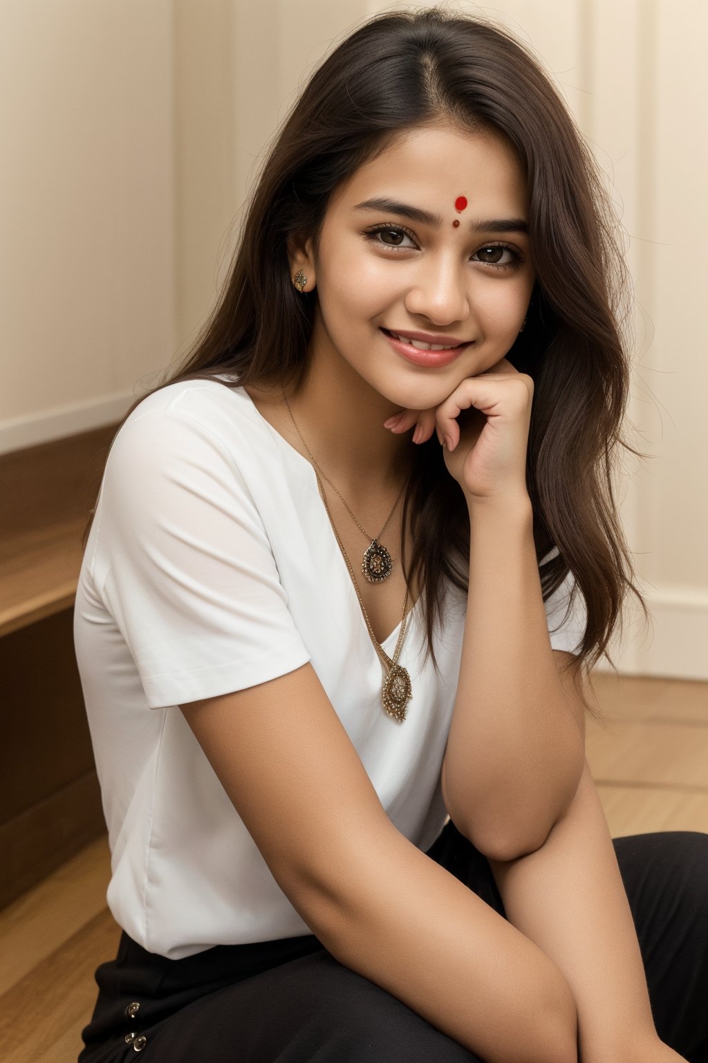 1girl, solo, long hair, looking at viewer, smile, brown hair, shirt, black hair, brown eyes, sitting, upper body, short sleeves, necklace, blurry, lips, black shirt, in room background, facial mark, forehead mark, realisti age 20+ white skin colour indian girl realistic look