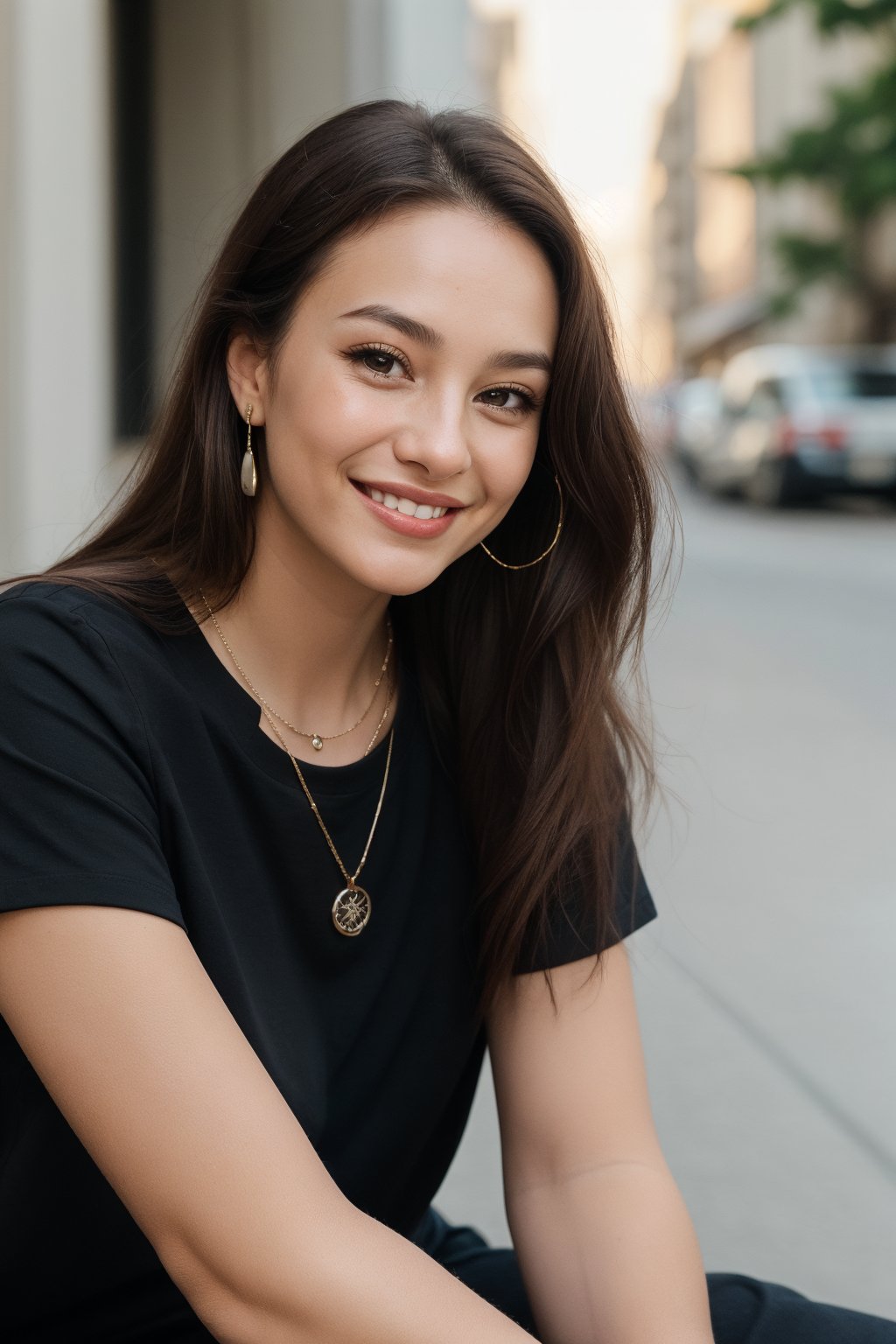 1girl, solo, long hair, looking at viewer, smile, brown hair, shirt, black hair, brown eyes, jewelry, sitting, upper body, short sleeves, necklace, blurry, lips, black shirt, blurry background, facial mark, forehead mark, realisti