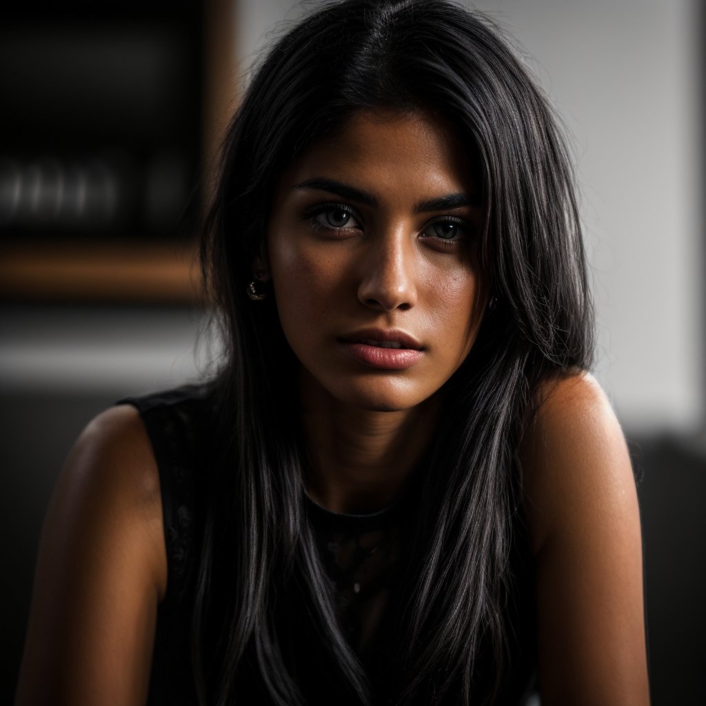 Best work, (Best quality, ,HDR, 8k, 32k, raw photo, photorealistic, UHD:1.2), beautiful 20 year old girl in long black dress at the  in the roomand drink  a coffee , eyes black, black hair, detailed face, perfect face in home drink coffee. indian realistic and confident girl.