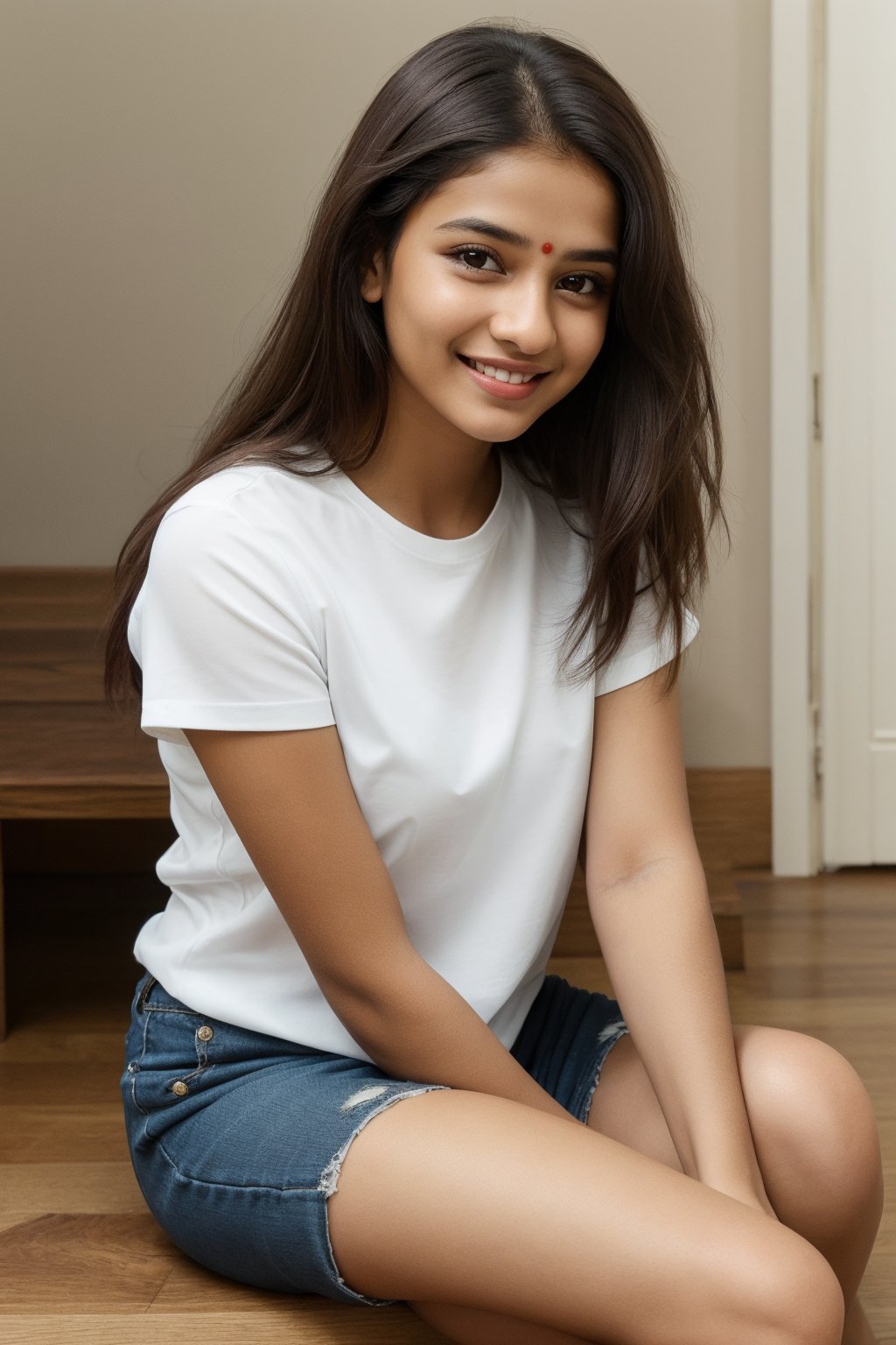 1girl, solo, long hair, looking at viewer, smile, brown hair, shirt, black hair, brown eyes, sitting, upper body, short sleeves, blurry, lips, black shirt, in room background, realisti age 20+ white skin colour indian girl realistic look