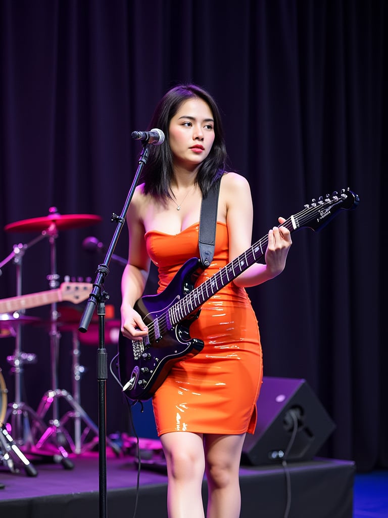 A young japanese woman A female performer on a stage, holding a shiny black electric guitar. She is wearing an ultra-mini glossy orange latex dress and has a microphone in front of her. The background displays a vibrant stage environment, including black curtains, speaker towers and light cans., photo, wildlife photography, portrait photography