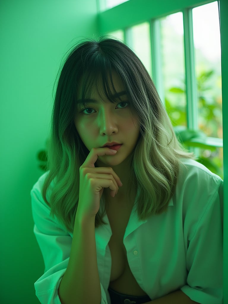 A photo of a 22-year-old thai woman with half-Korean heritage.openm shirt . She selfie. The photo was taken on film using flash photography. The background is green  glasshouse. The lighting is professional.ฺBANG HAIR, BLONDE FADE black hair,take off cloth