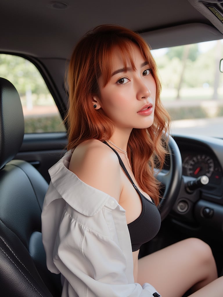 A photo of a 22-year-old thai woman with half-Korean heritage.open shirt . She wearing latex bikini,drive car,bang red hair