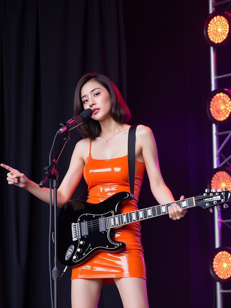 A young japanese woman A female performer on a stage, holding a shiny black electric guitar. She is wearing an ultra-mini glossy orange latex dress and has a microphone in front of her. The background displays a vibrant stage environment, including black curtains, speaker towers and light cans., photo, wildlife photography, portrait photography