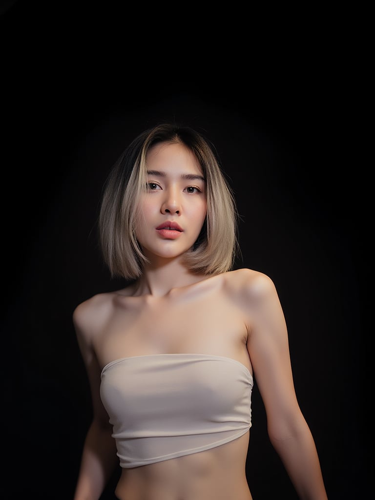 A photo of a 22-year-old thai woman with half-Korean heritage.openm shirt . She selfie. The photo was taken on film using flash photography. The background is black. The lighting is professional.ฺBANG HAIR, BLONDE FADE black hair,take off cloth