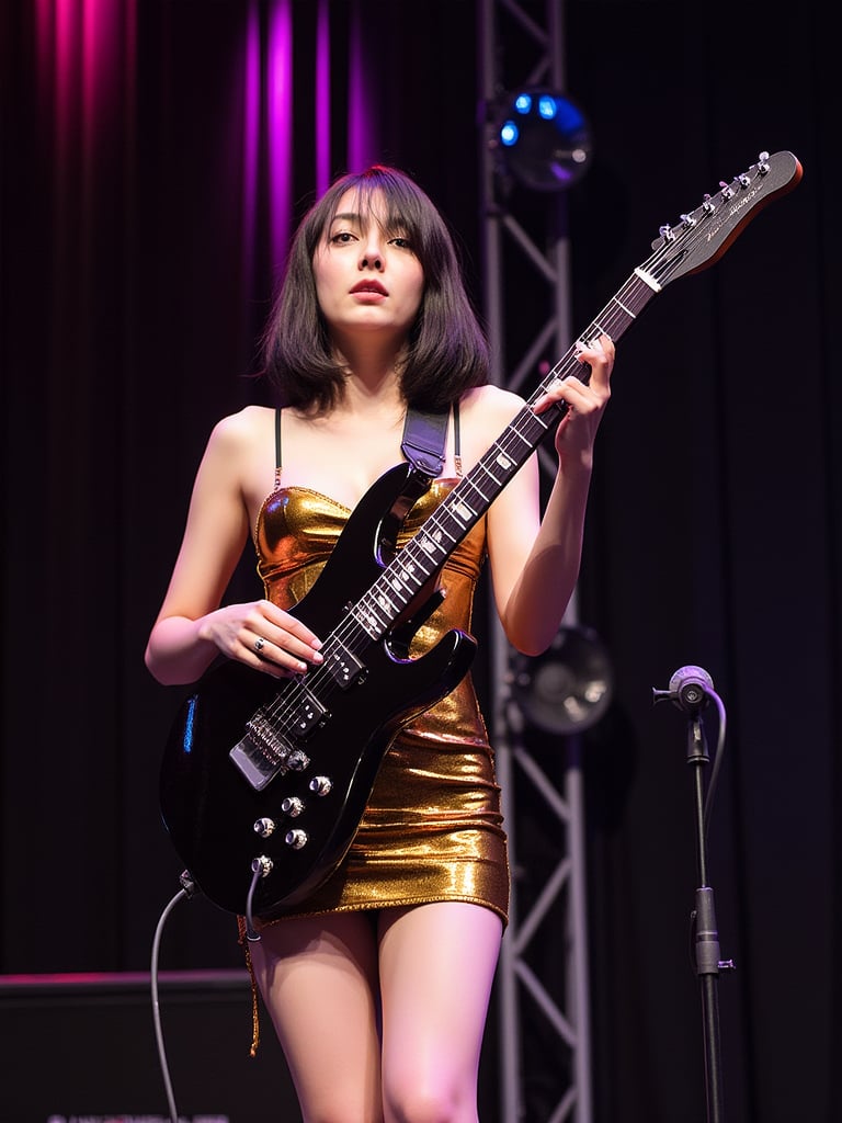 A young japanese woman A female performer on a stage, holding a shiny black electric guitar. She is wearing an ultra-mini glossy gold latex dress and has a microphone in front of her. The background displays a vibrant stage environment, including black curtains, speaker towers and light cans., photo, wildlife photography, portrait photography