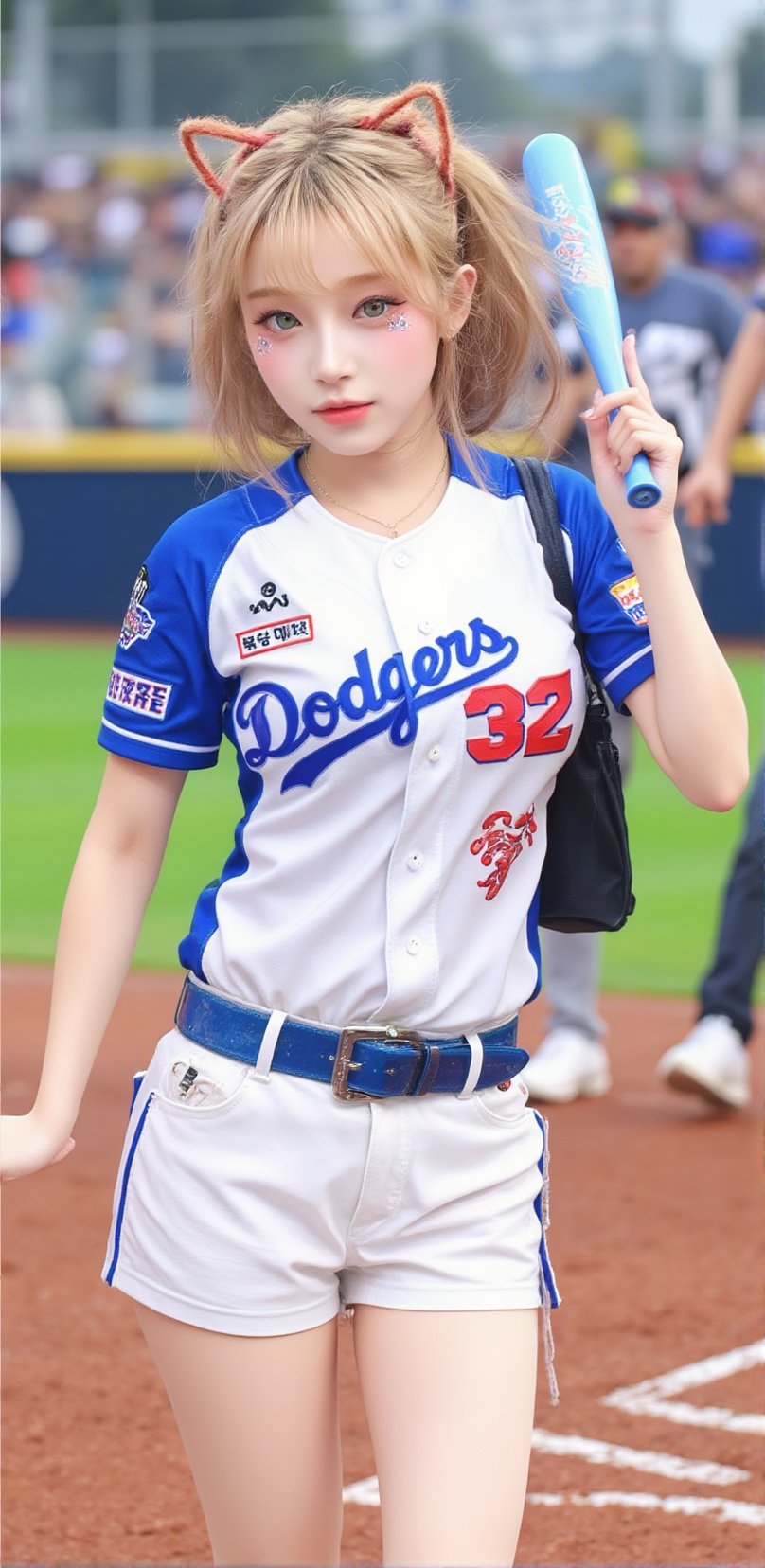 1girl, holding a bat, ready to hit the baseball, concentrated expression, standing in the batter's box, dressed in the shirt of LA Dodgers, number "32" on the shirt, front view, Midjourney_Whisper, suchincheerleader