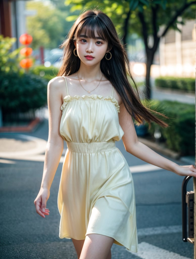 (16k, RAW photo:1.2), best quality, high res, masterpiece, hyper realistic, ultra detailed face, a pretty girl, captivating glaze, walking position, aesthetic, beautiful, hair with bangs, face glowed with beauty, hairpin, bokeh, a little smile, long shot, sundress, fashionable necklace and earrings,chinatsumura