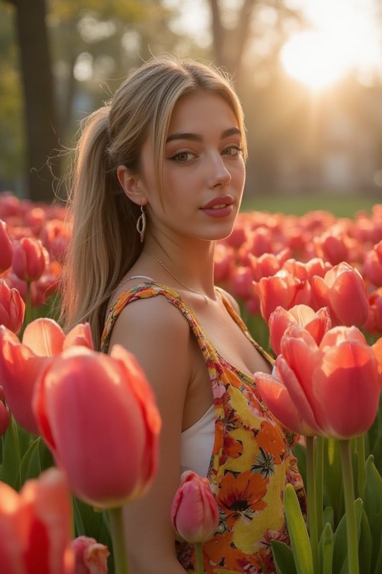 vanilopa (woman), in a tulip garden, calid light