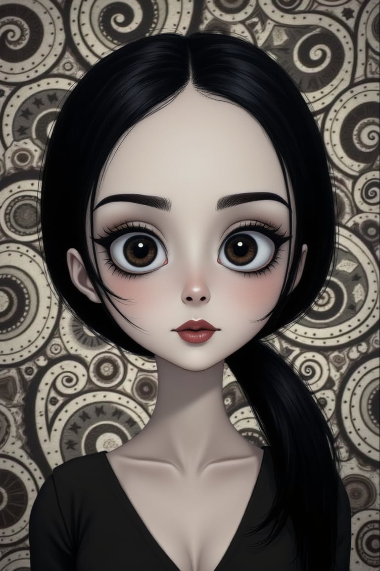 An illustration portrait of a beautiful woman (johaneli) with pale, porcelain-like skin and smooth, dark black hair that falls neatly around her shoulders. Her striking features include sharp cheekbones and expressive eyes. The portrait is rendered in a surreal Tim Burton style, with subtle gothic influences and exaggerated, whimsical proportions. Surrounding her are hypnotic, swirling patterns and spirals that create a mesmerizing, dreamlike atmosphere. Her expression is calm and mysterious, with her eyes drawing the viewer in, enhanced by the hypnotic elements in the background. The muted color palette, featuring shades of black, gray, and pale tones, heightens the haunting, otherworldly mood while keeping the scene elegant and eerie.