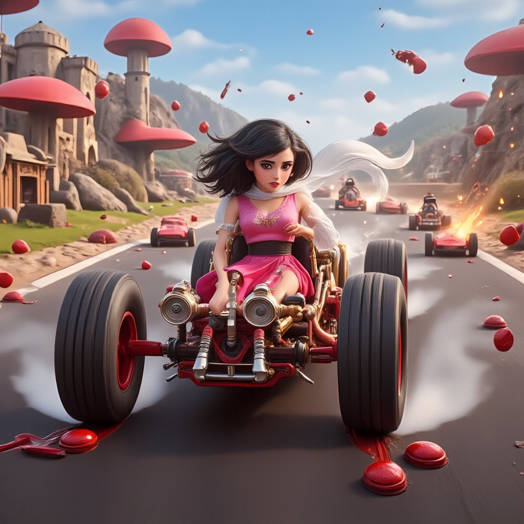 Hasselblad X1D II 50C, cinematic lighting, high contrast, ISO 100, with a 35mm wide-angle lens.
A high-energy, live-action videogame scene of a woman (johaneli, black hair) in the middle of a high-speed chase, like mariokart. She is wearing a victorian pink dress with a white scarf billowing behind her in the wind, as she sneers with delight, gripping the wheel of her souped-up, steampunk-style race kart. The kart's exaggerated, cartoonish design features oversized wheels, exhaust pipes spewing thick smoke, and various gadgets sticking out, ready for sabotage.

The scene is set on a road surrounded with giant mushrooms on one side and a castle at the other. Behind her, other racers are caught in the chaos, dodging traps and obstacles set by her, like banana peels and red shells. The background blurs from the speed, and the lighting highlights the intense action, with sparks flying and debris scattering as cars crash and swerve around her. The scene captures the humor, action, and chaos of a live-action **Mario Kart**.,3d render