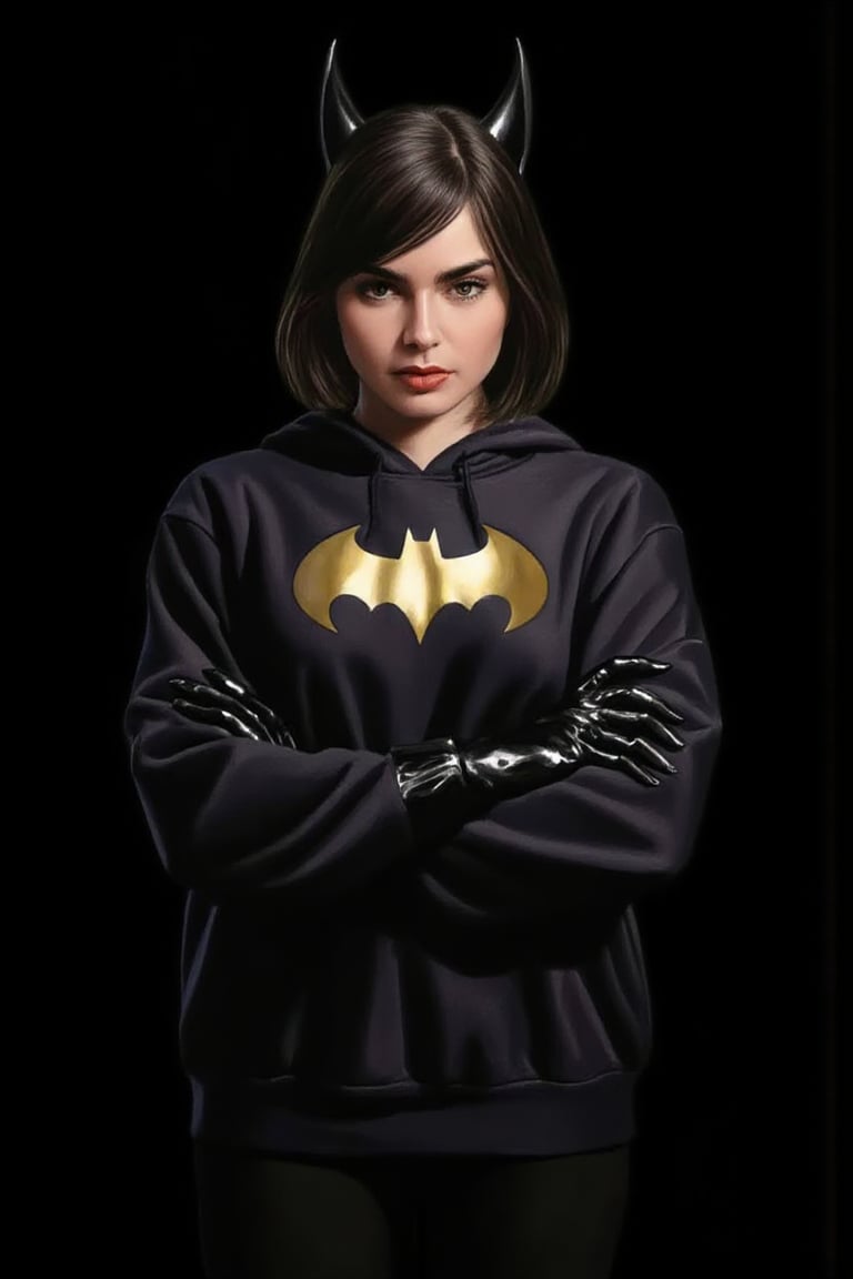 alexrossstyle
Illustration in the style of Alex Ross
A woman (lilyco, short straight black hair) wearing a batman hoodie. Black background.