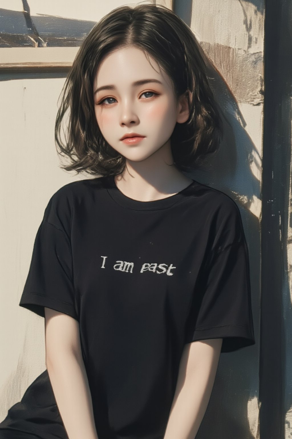 The girl is leaning against the wall. Her black t-shirt has the words "I am past" written on it.,lyh,emely