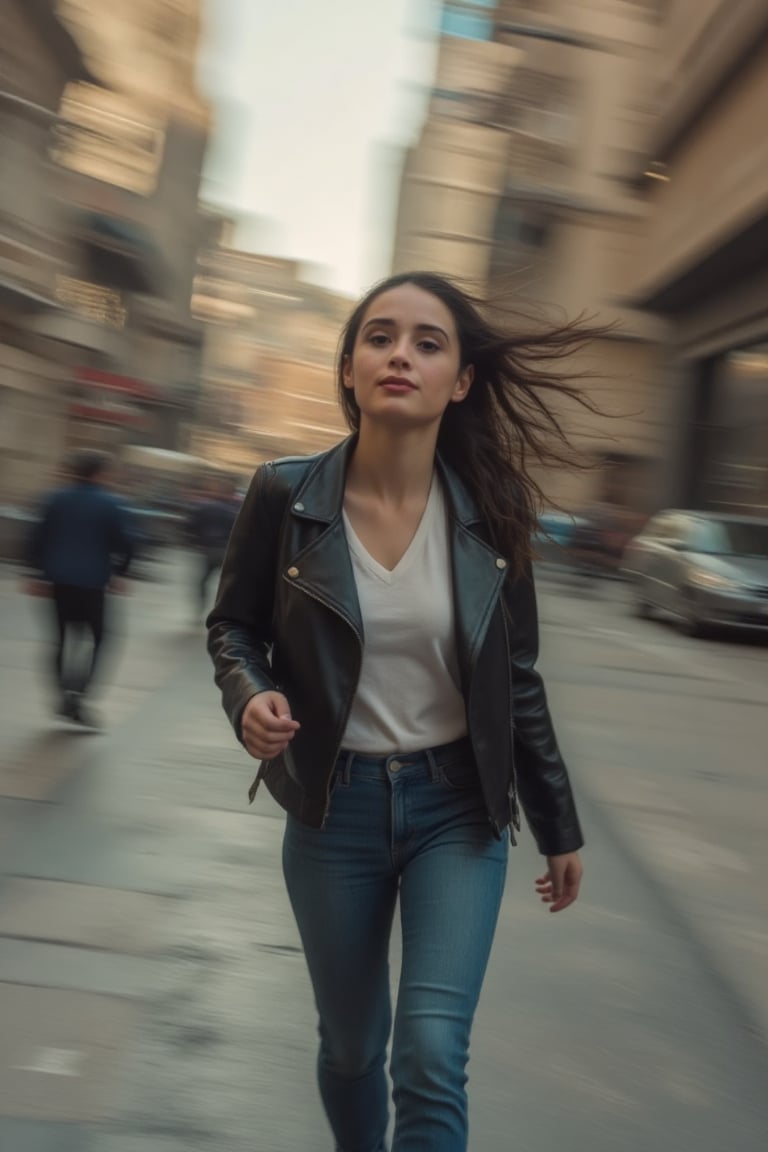 Woman candid on street ,full body , walking confidently, smile, natural light , motion blur , low angle shot