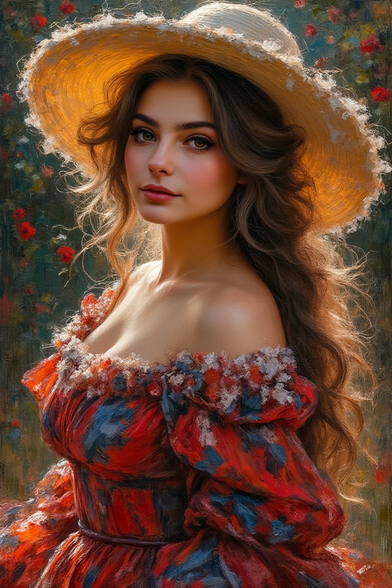 A fine art oil painting in an Impressionist style, depicting a young woman with long, loosely curled hair touched by subtle highlights. She is dressed in vibrant, flowing period clothing, painted in loose, expressive strokes. The folds and texture of her garments, in rich tones of reds, deep blues, and warm golds, blend softly together, with colors flowing into each other to create a sense of movement and light. She wears a large, floppy hat, its soft, dramatic curves suggested with quick, light brushstrokes that give it an airy, whimsical feel. The lighting is soft and diffused, eliminating harsh contrasts and instead focusing on how light subtly interacts with her features, creating a serene, glowing atmosphere. The composition centers on her calm and captivating expression, with dappled light gently highlighting her face. The visible brushstrokes are short and broken, blending colors optically rather than through detailed realism, capturing the fleeting quality of light and atmosphere, hallmarks of the Impressionist style.Auguste Renoir ~ Paul Peel ~ John Singer Sargent ~ Alexandre-Jacques Chantron ~ John William Godward ~ John William Waterhouse ~ Han-Wu Shen ~ Ishitaka Amano ~ Chakrapan Posayakrit ~ Kim Jung Gi ~ Kei Mieno ~ Ikushima Hiroshi ~ WLOP ~ William-Adolphe Bouguereau ~ Alphonse Mucha ~Luis Royo ~ Range Murata ~ Jock Sturges photography ~ David Hamillton photography,sparkles,surreal,laurenga