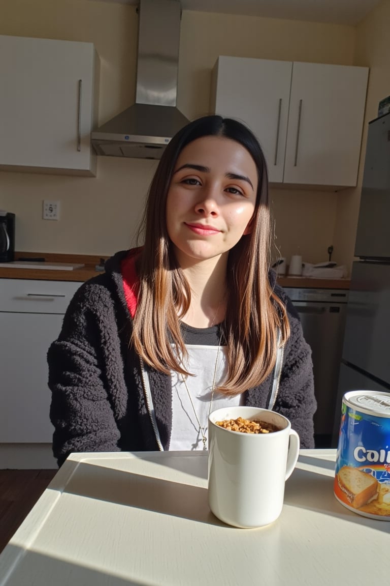 A serene teenage beauty (emely), radiant in the morning light, sits confidently at a table in her dining room, her tender face framed by soft lighting. Her youthful winter clothes are modern and casual. She is eating cereal, relaxed with a bit of sleep. The background of her tidy kitchen highlights her central presence, while the clear table displays only a few small slices of toast and butter and a laptop. Canon’s 35mm lens captures extreme realism,ISO 200, with optimal placement of elements, shadows and contrasts evoking Henri Cartier-Bresson’s signature style.