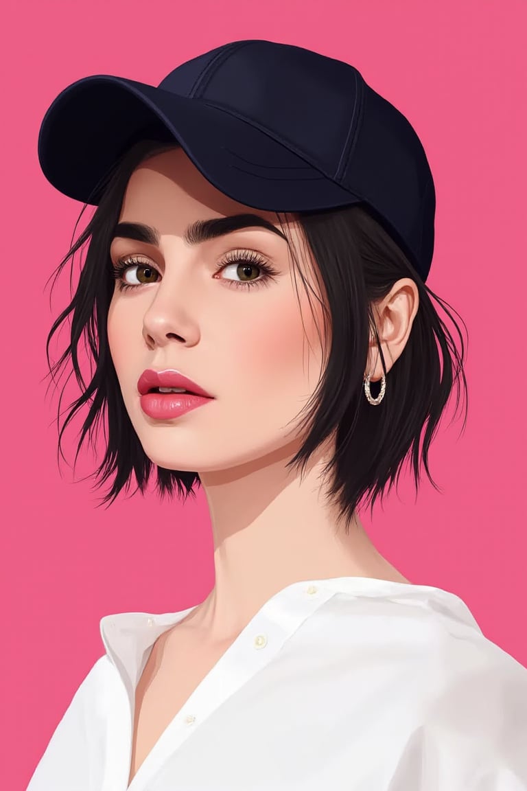  Minimalist vector art illustration of a woman with short black hair, rough digital brush strokes, wearing large hoop earrings and a baseball cap. Extremely overexposed, extremely bright on deep pink background. She is dressed in white shirt. Speed painting low poly sketch. The background color is a flat, pure Klein Blue, with a minimalist, clean, and bright lighting style. This is a simplistic sketch, sharply focused portrait sketch with cinematic studio lighting, resulting in a masterpiece of the highest quality. lilyco



