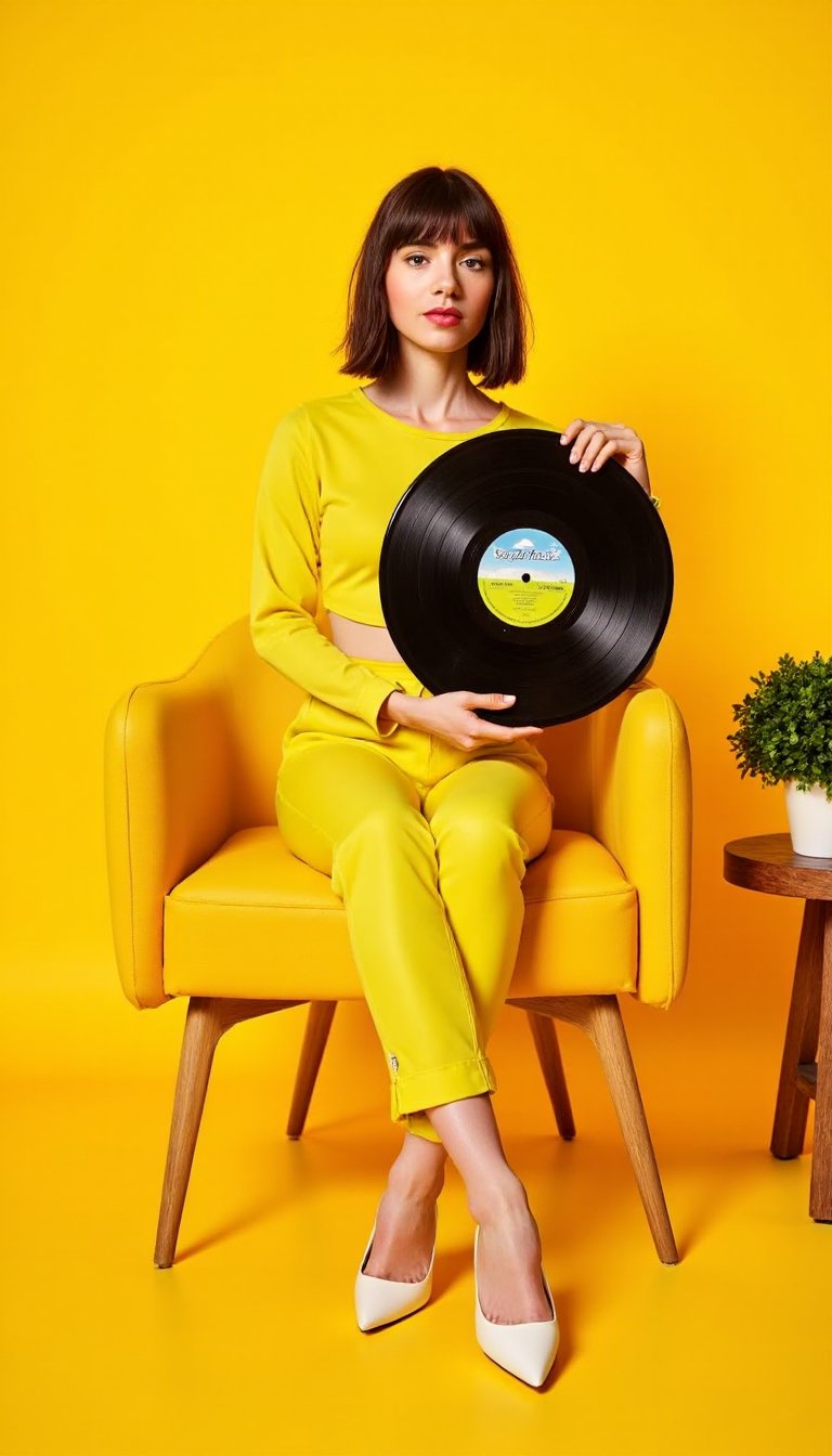 The image shows a young woman sitting on a yellow chair with a vinyl record in her hands. She is wearing a yellow long-sleeved top and yellow pants. The background is a bright yellow color and there is a small wooden stool next to her with a small potted plant on it. The woman is looking off to the side. The overall mood of the image is cheerful and relaxed. lilyco, short straight black hair, professional photography, editorial photography, art photography, vogue magazine style photography,laurenga,evamos