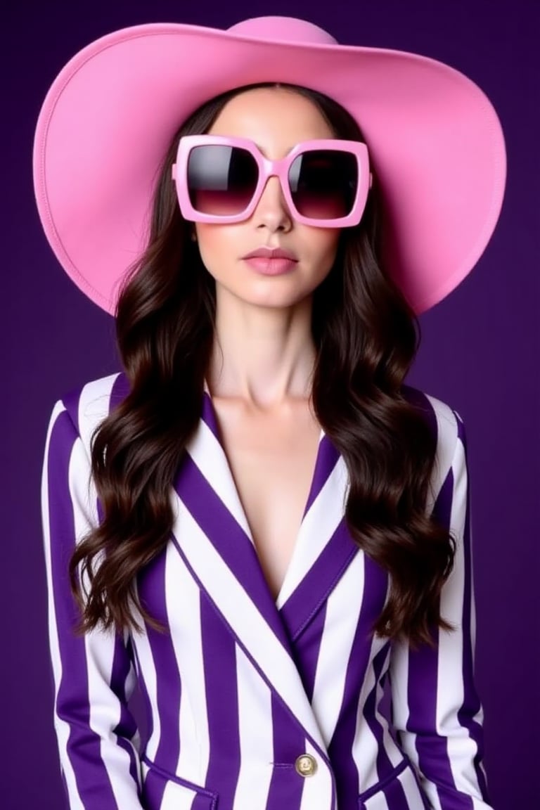  The image is a portrait of a young woman wearing a large pink hat and sunglasses. The hat is wide-brimmed and has a wide brim. The sunglasses are oversized and have a pink frame. The woman is wearing a purple and white striped blazer with a high neckline. She has long dark hair that is styled in loose waves and is looking directly at the camera with a serious expression. The background is a deep purple color, making the woman the focal point of the image. lilyco