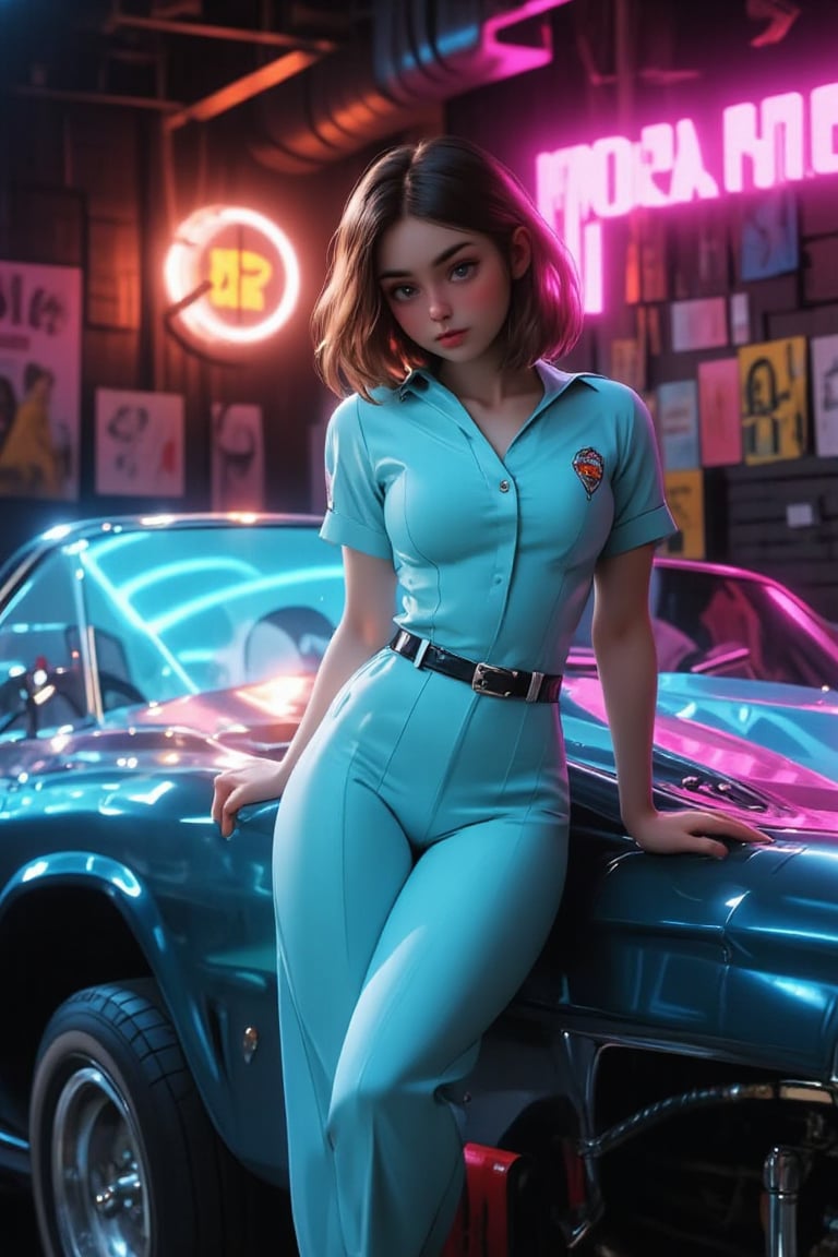 lilyco, a sultry character from the '70s, leaning seductively against a vintage hot rod parked in a garage. Draped in a figure-hugging, light blue jumpsuit that accentuates her curves, lilyco exudes confidence and allure. The setting is reminiscent of a 1970s mechanic shop with the distinct ambiance of neon lights and retro posters adorning the walls. Her fiery short straight black hair down her back, contrasting with her pale, almost porcelain skin. The background is a blend of shadows and light, emphasizing the contours of her body and the sleek lines of the car. The scene captures a moment of empowerment and sexuality. The vivid color palette, the vintage setting, and her assertive stance create a captivating visual that combines the nostalgia of the '70s with a modern twist on female strength and independence. FLUX_QTGirlNimE,NiJi_2_FLUX, QTGIRLREAL,REALNIME, lilyco