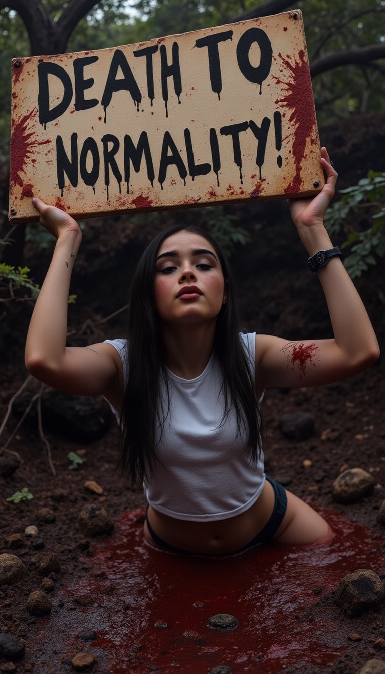 Even as her whole body sinks to the depths of hell, she desperately holds up a placard with one hand. The placard reads, "DEATH TO NORMALITY!",johaneli, black hair,FluxBoost